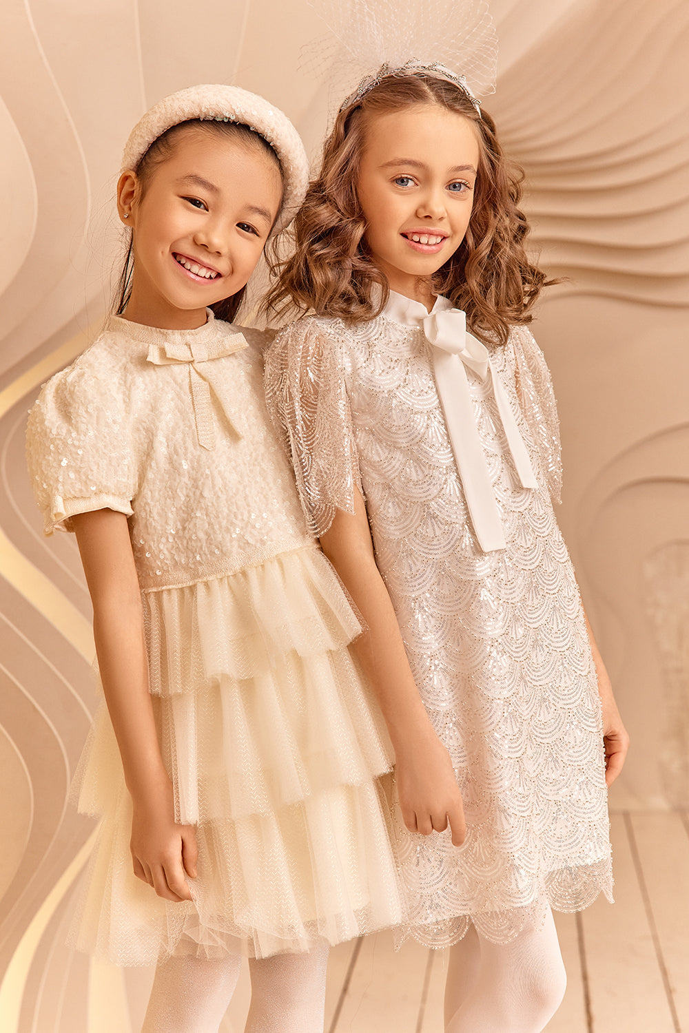 White sequins and beads lace dress with pussy bow