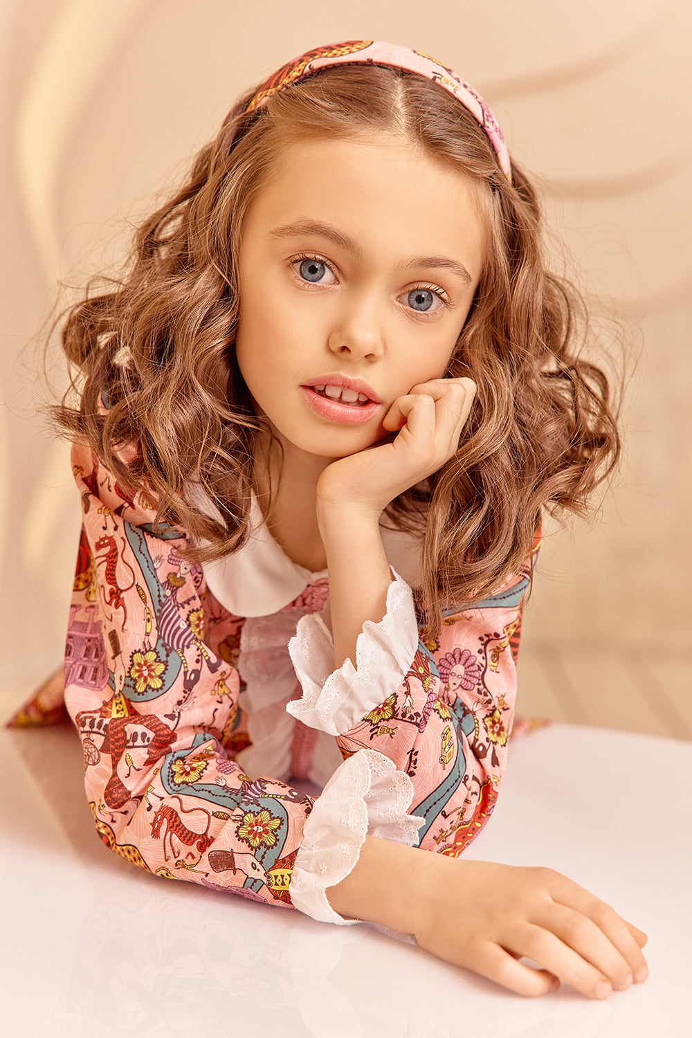 Liberty London funny creatures cotton pink dress with collar and front frilled detail