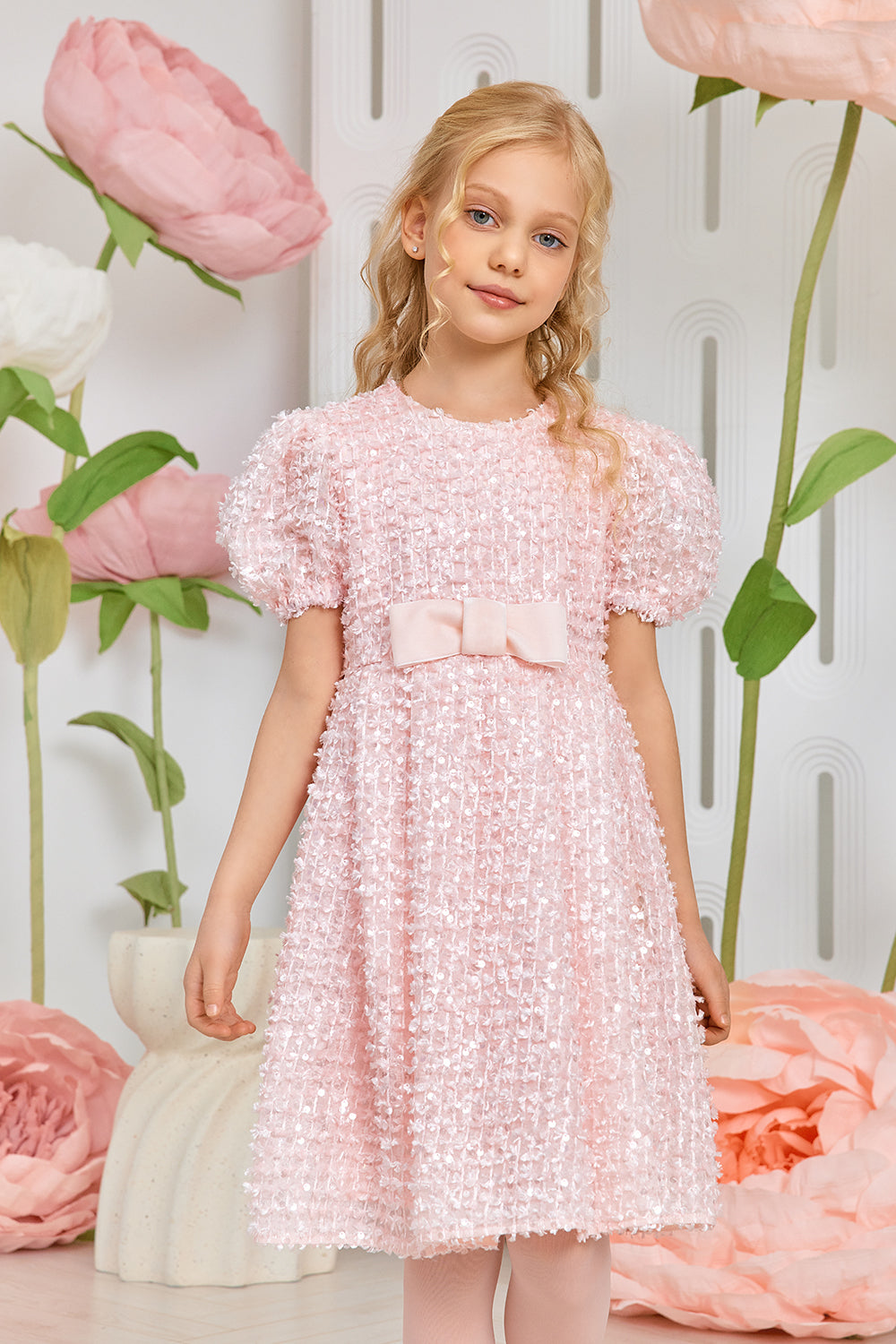 Pink sequin dress with velvet bow