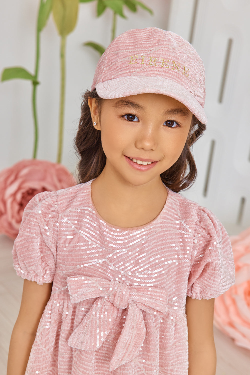 Pink velvet sequin dress with bow