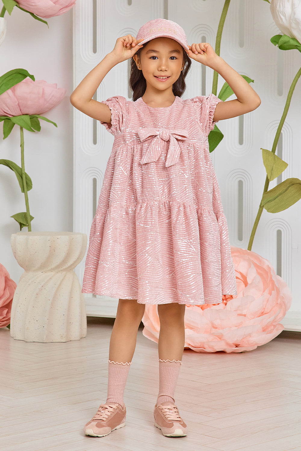 Pink velvet sequin dress with bow