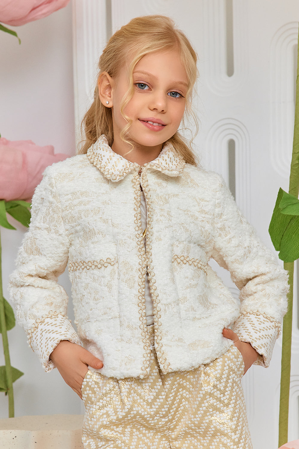 White and gold fur wool blend coat with gold details