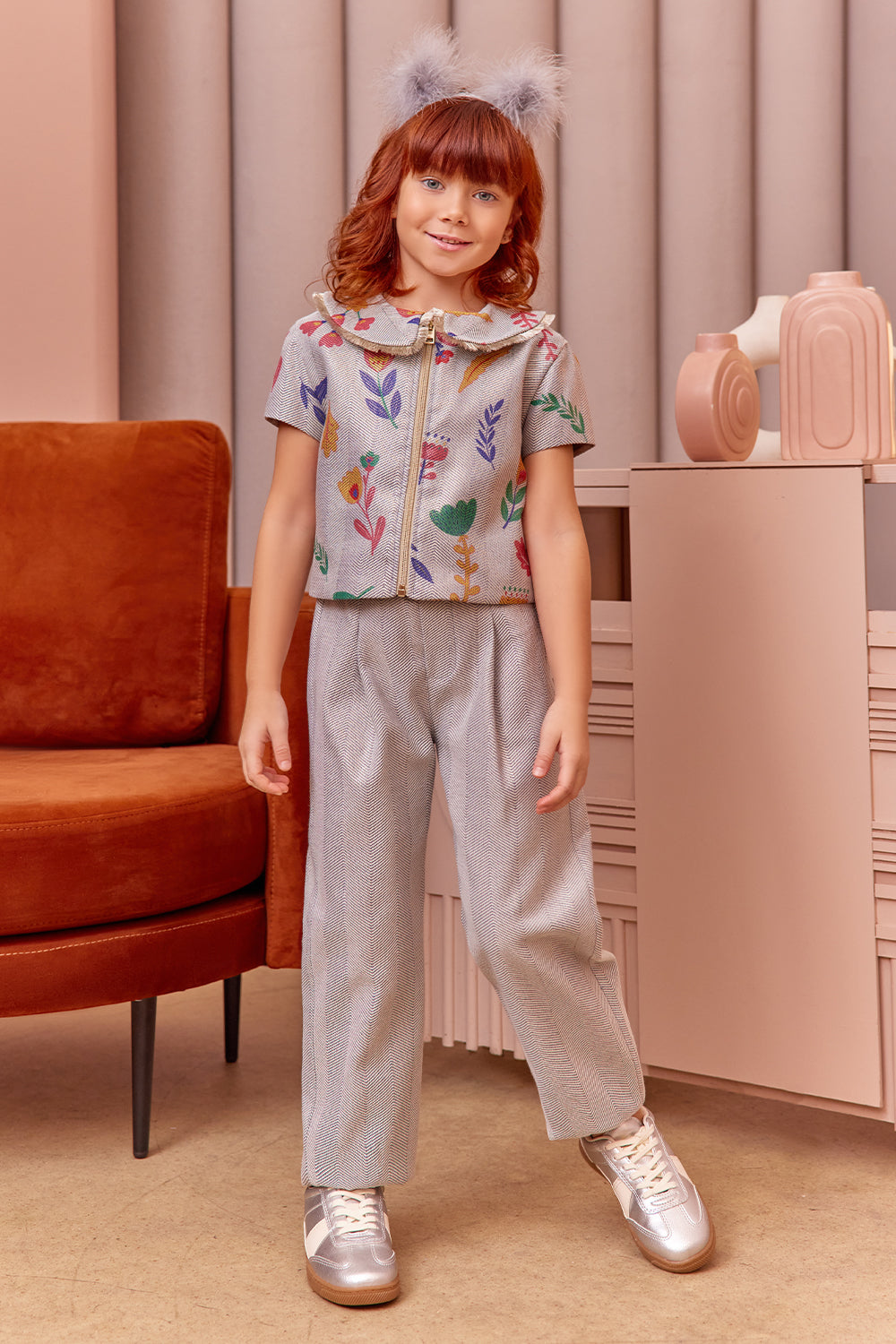 Denim and silver trousers