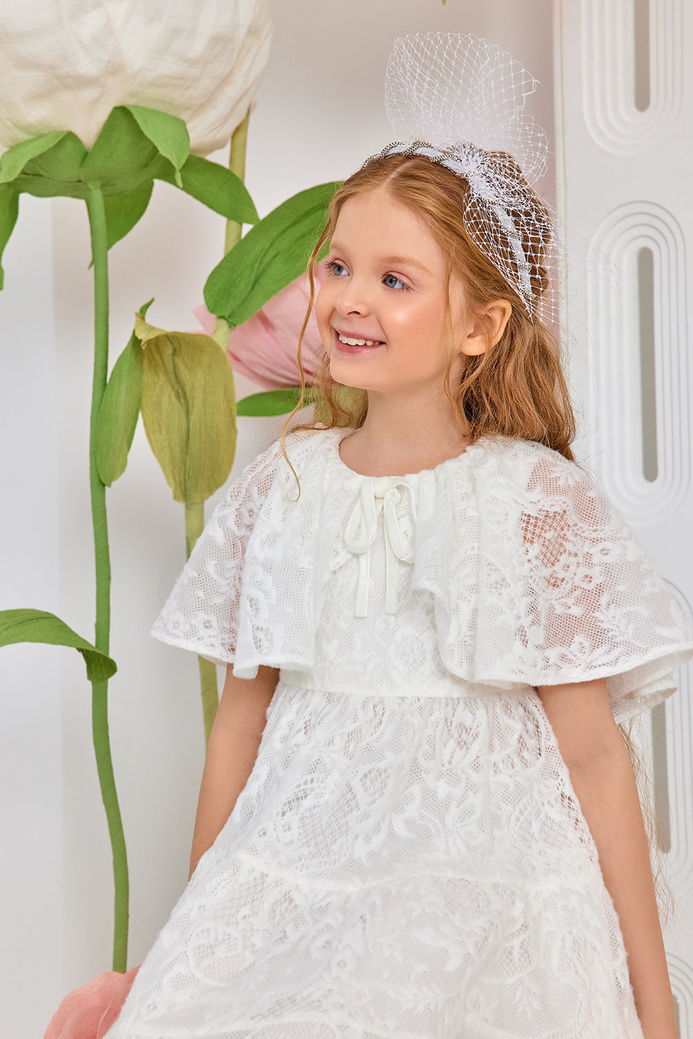 White soft floral lace cape dress with velvet bow