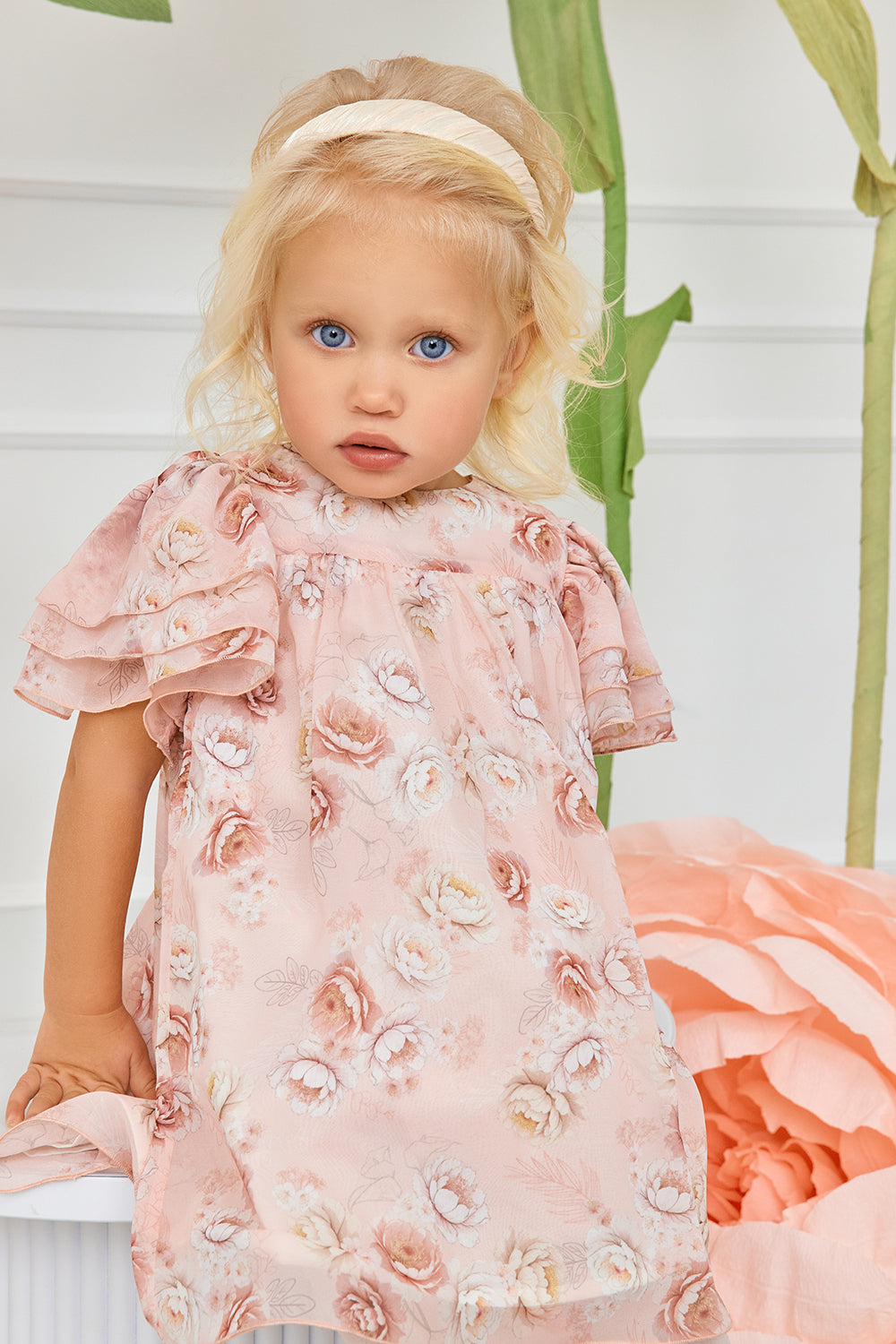 Pink chiffon floral baby dress with pretty sleeves with matching knickers