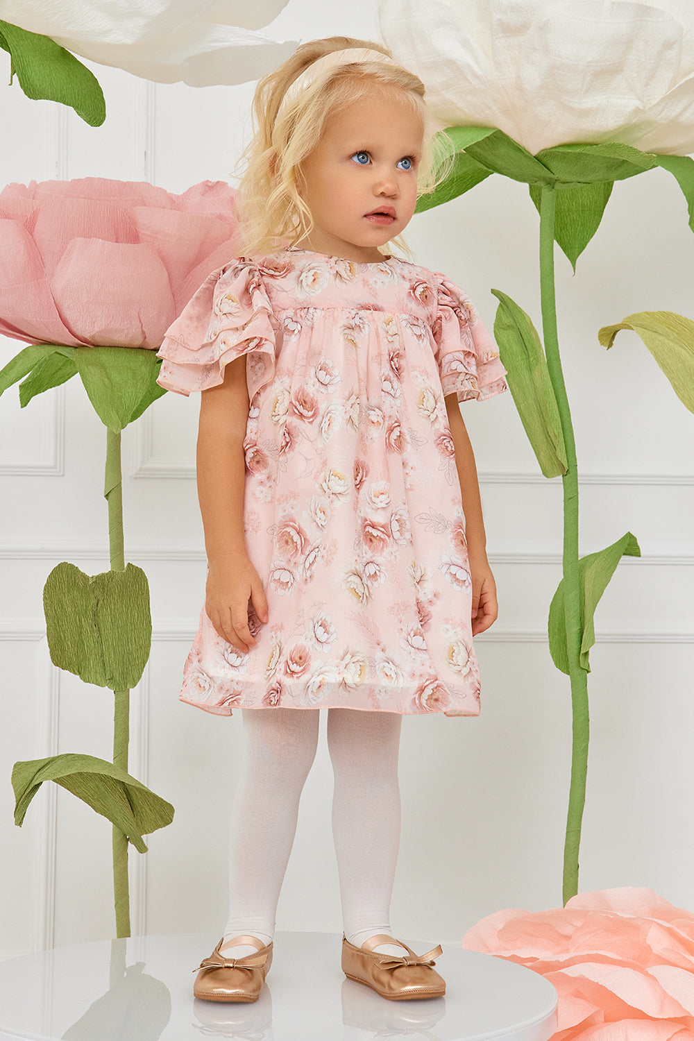 Pink chiffon floral baby dress with pretty sleeves with matching knickers
