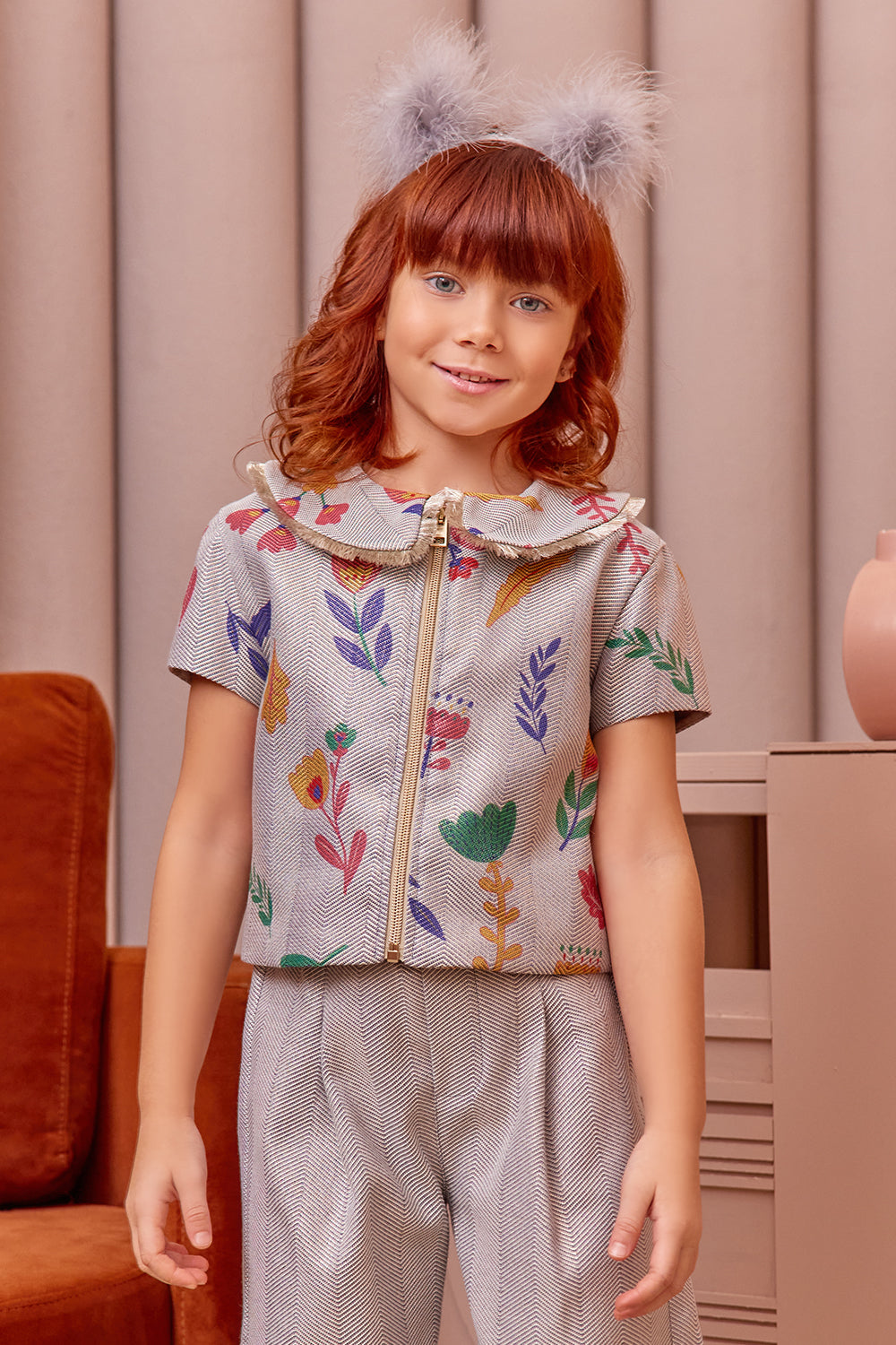 Denim and silver floral top with zipper