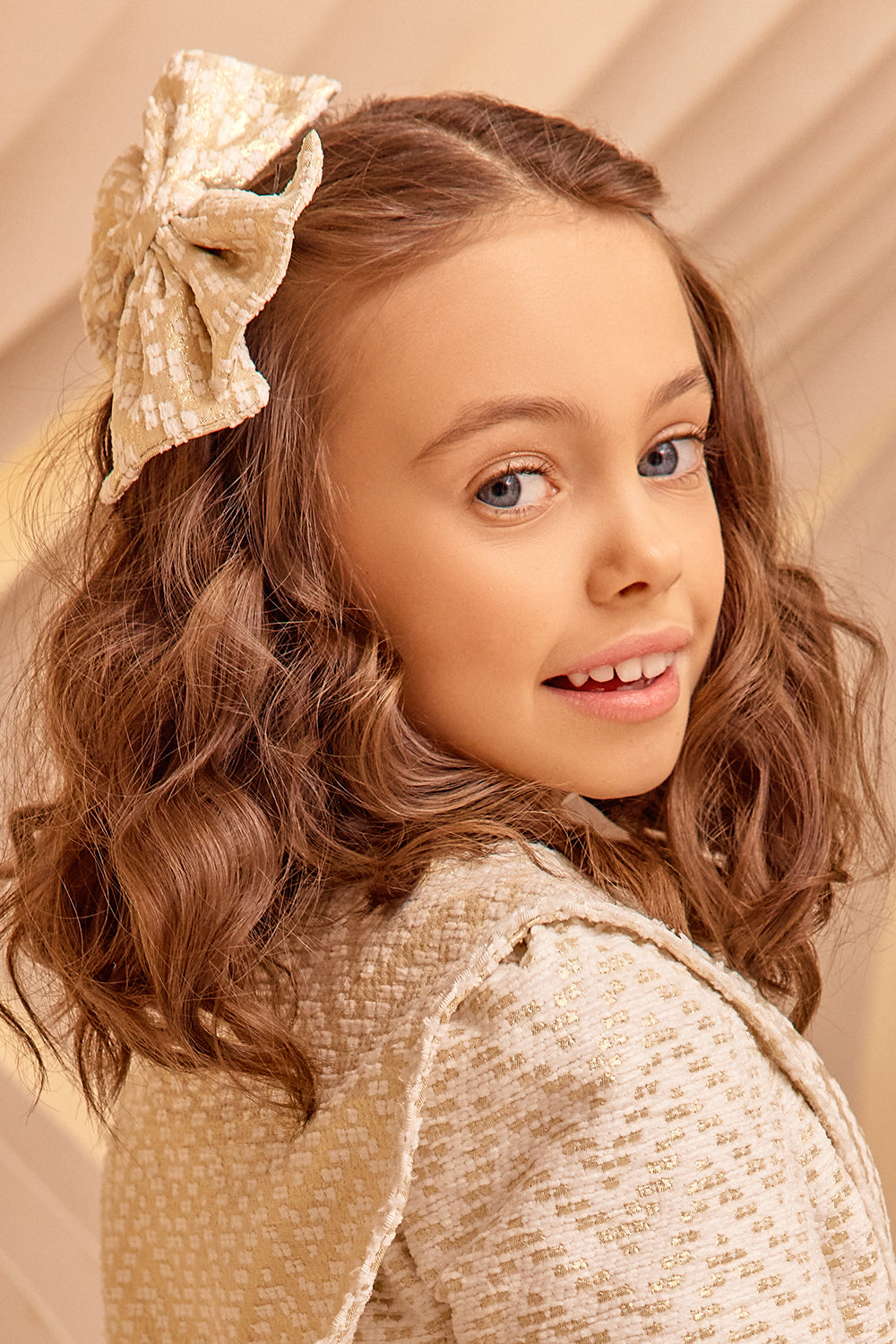 Off-white and gold tweed hair bow