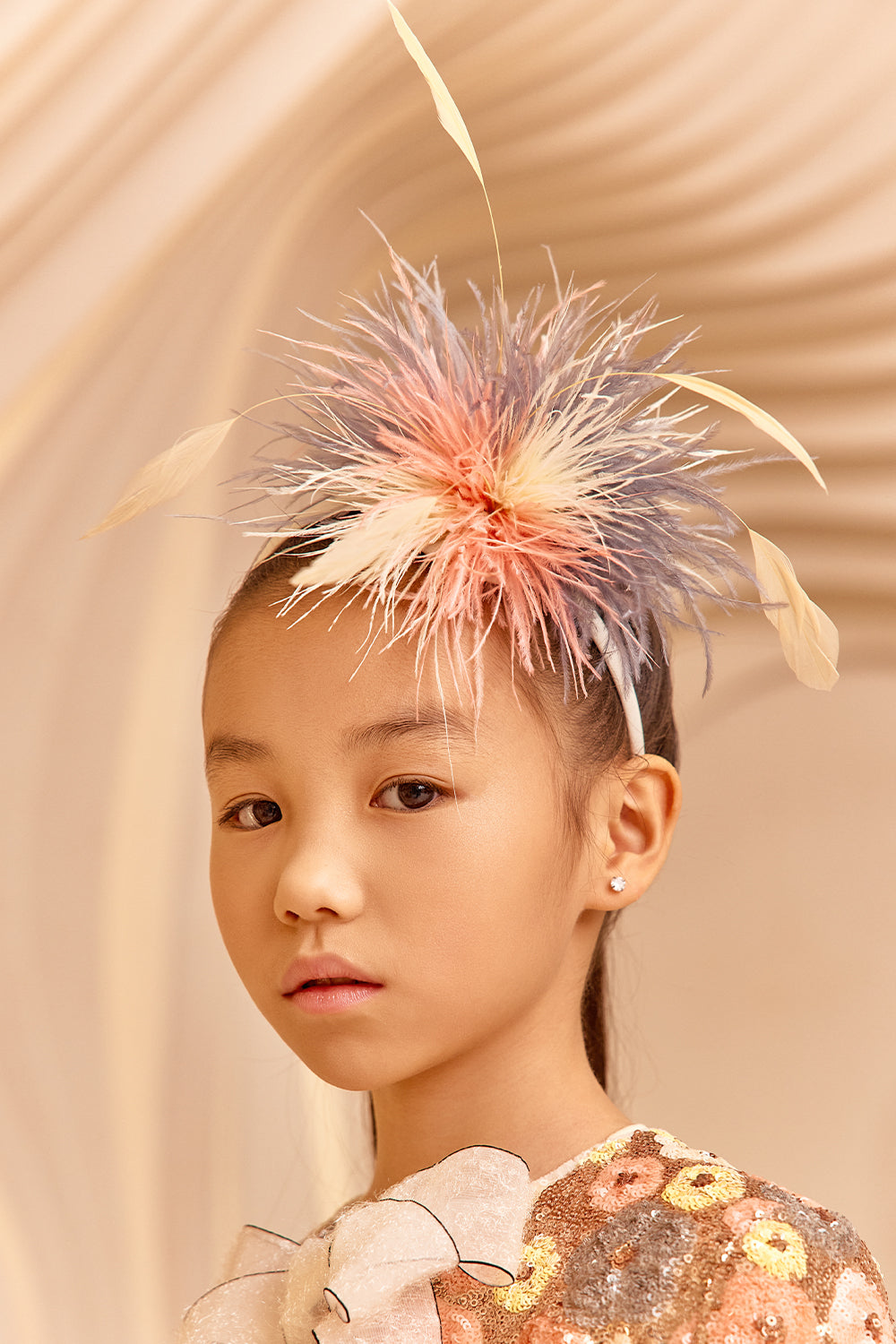 Pink, grey and yellow feathers hairband