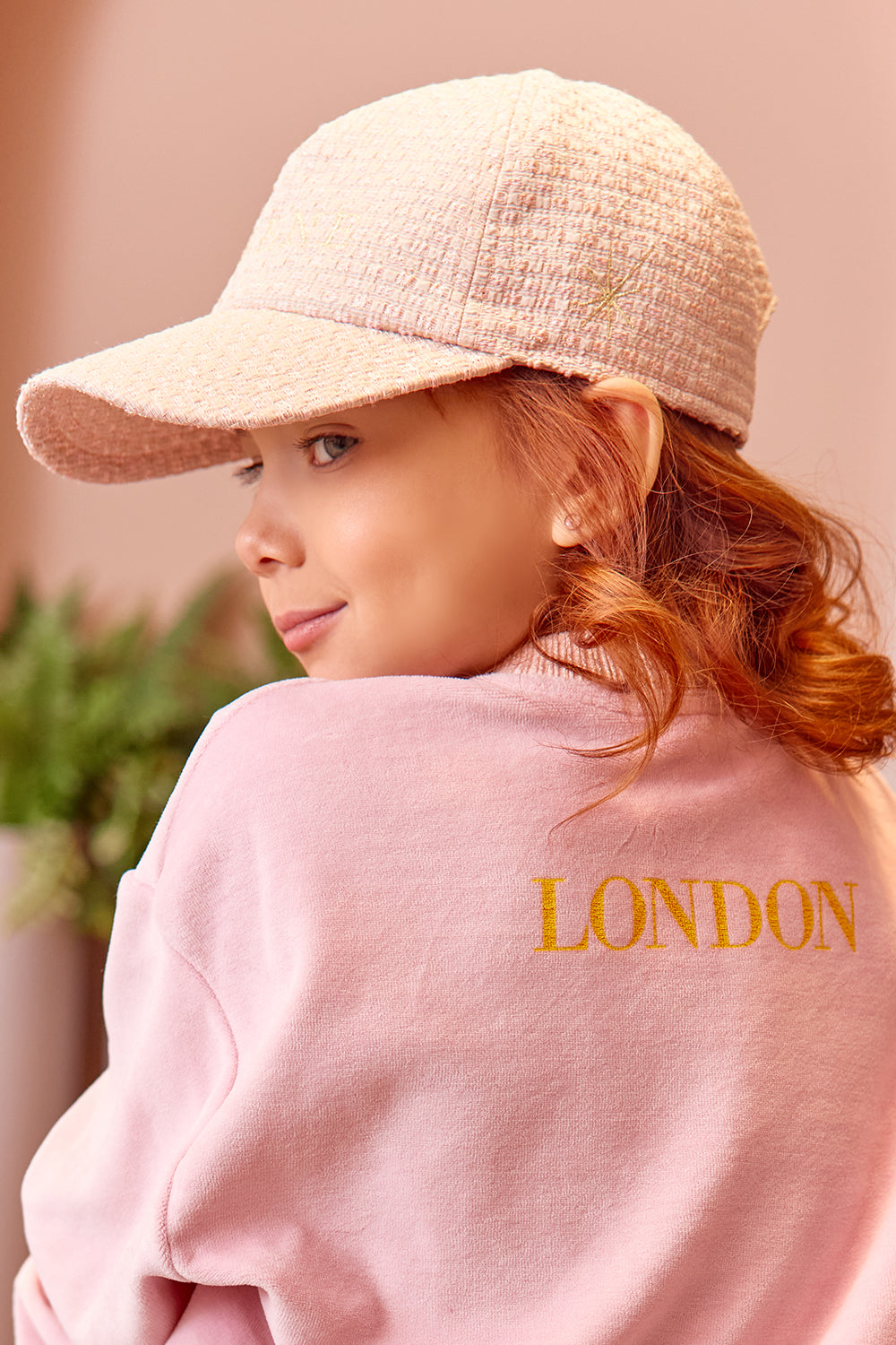 Pink and gold tweed logo baseball cap