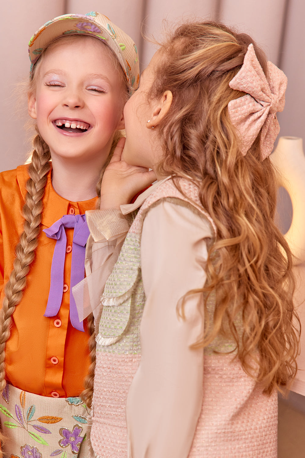 Pink and gold tweed hair bow