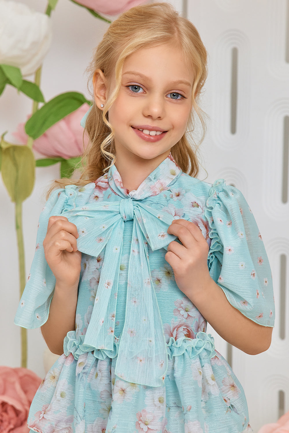 Mint floral chiffon hair bow