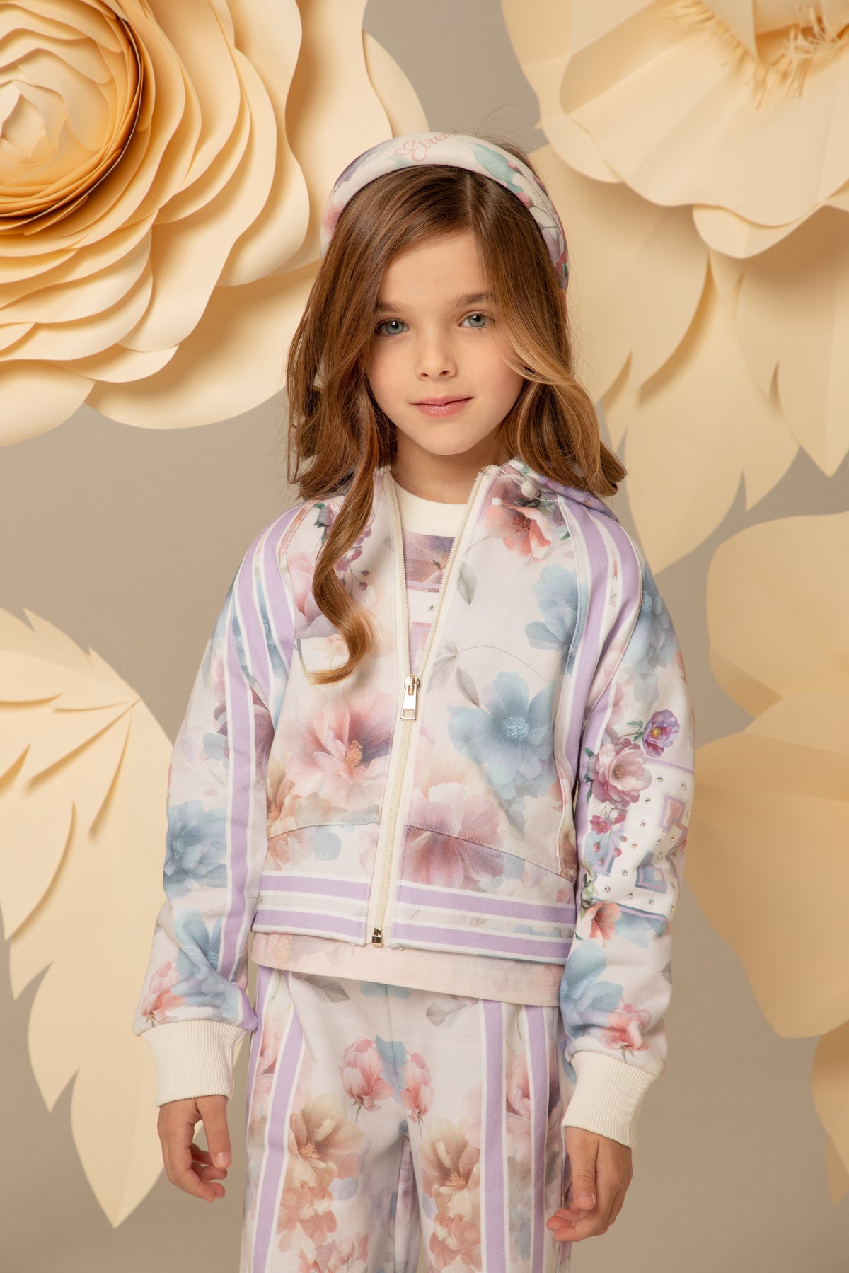 Pastel floral hoodie with striped ribbed trims