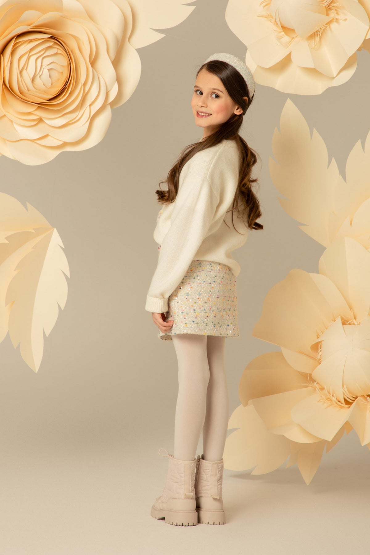 Side view of the cream tweed skirt