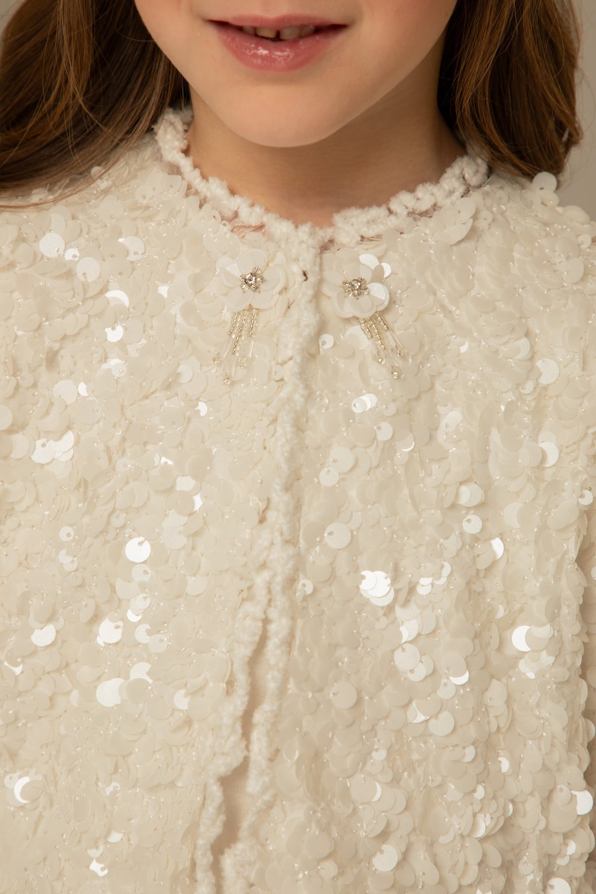 Close view of the textured sequins and lace