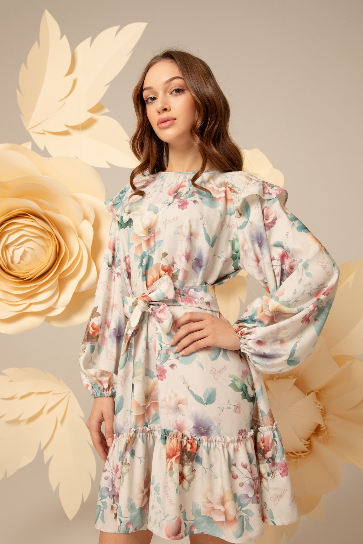 Pastel floral dress with ruffled shoulders