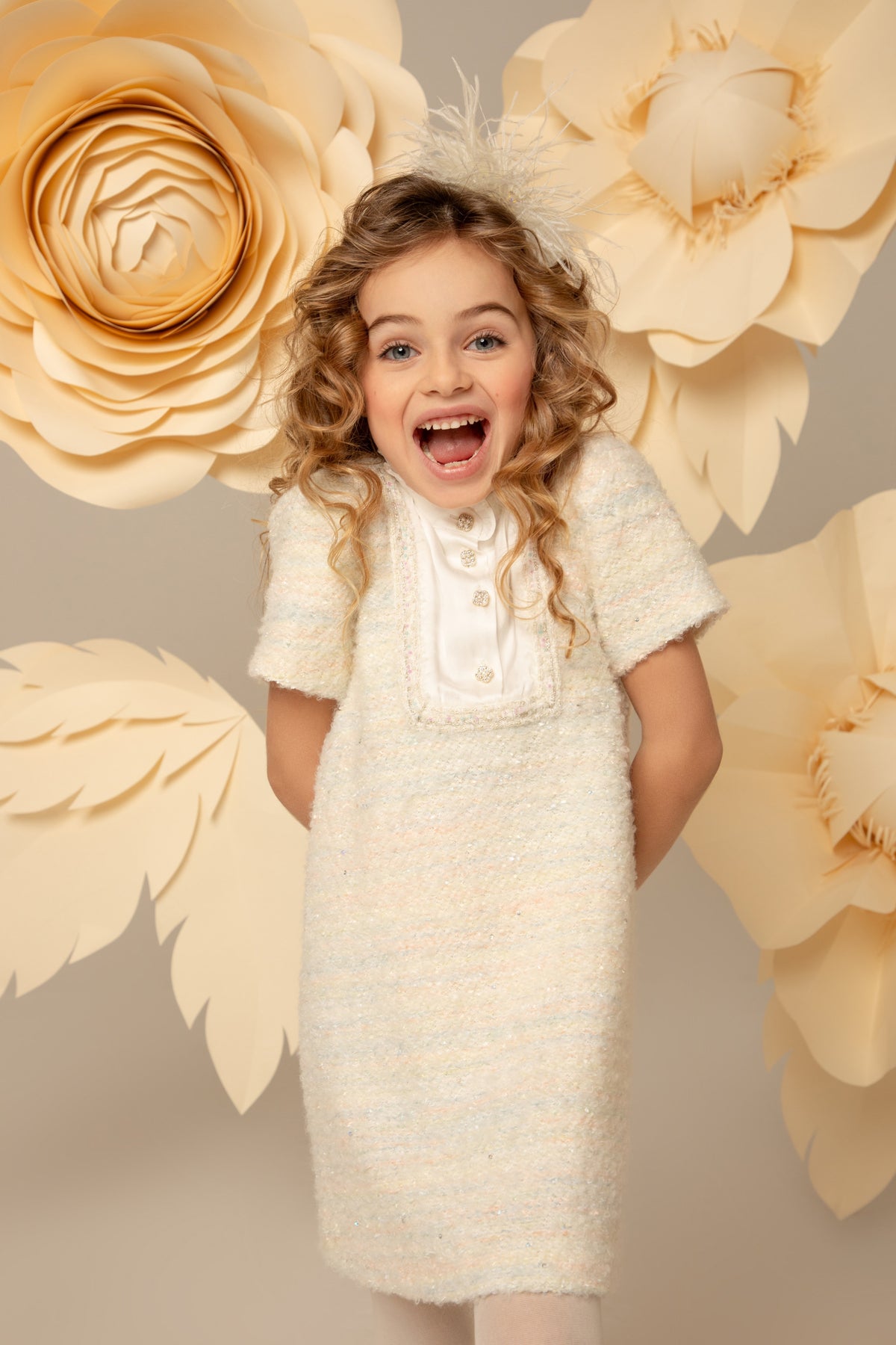 Ivory tweed dress with a white satin bib front