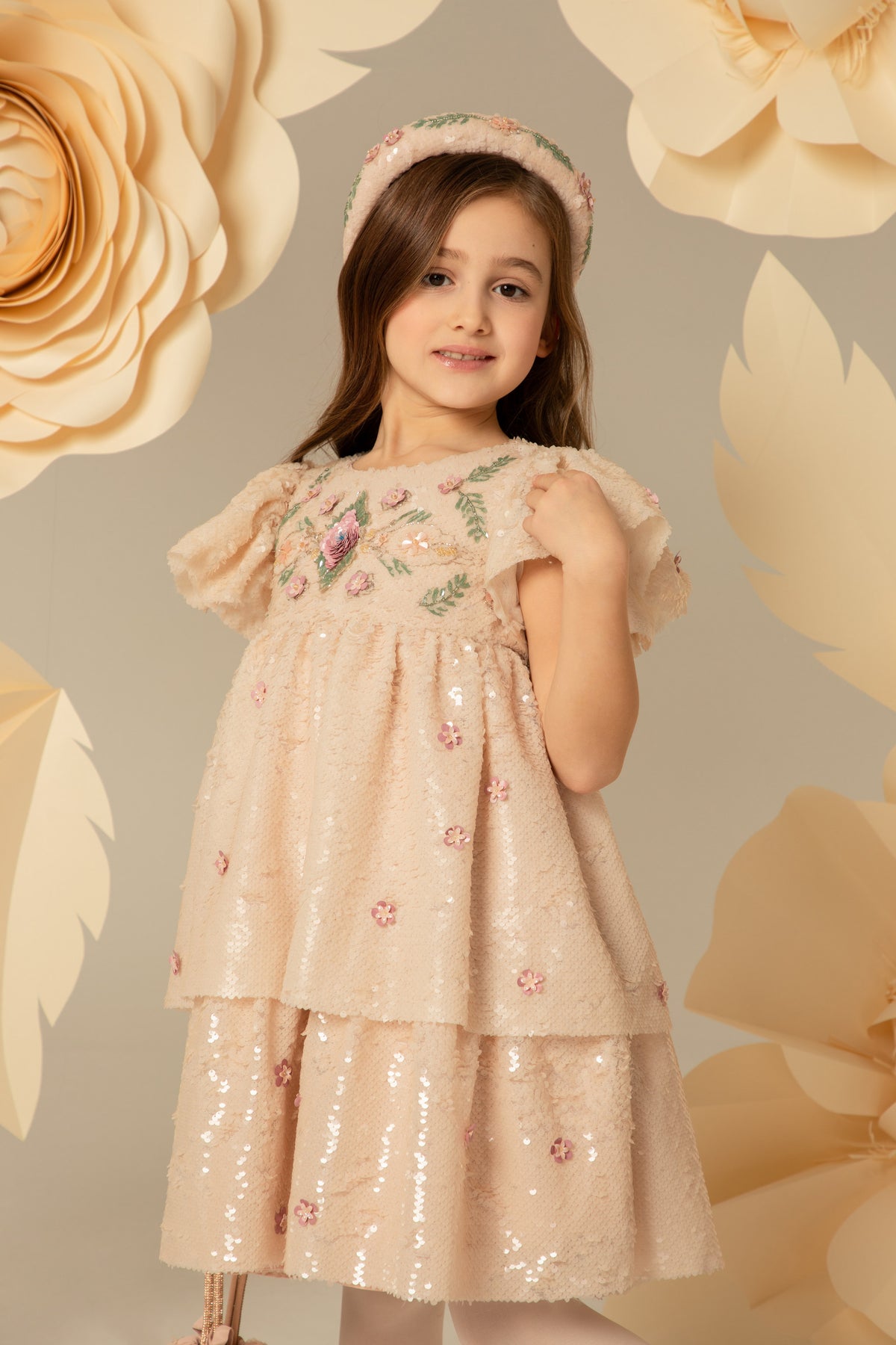 Dusty pink tiered dress with sequin embellishment