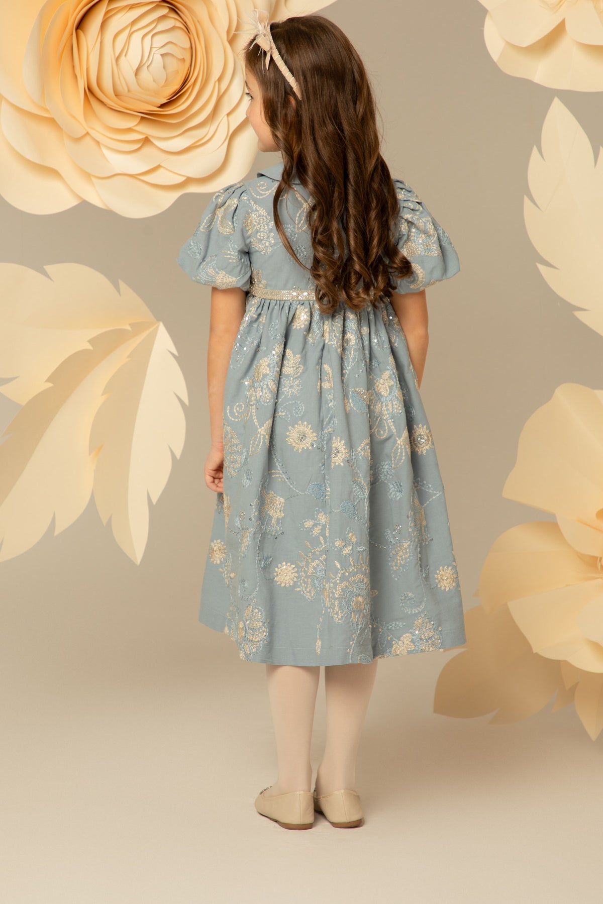 Back view of the embroidered powder blue dress