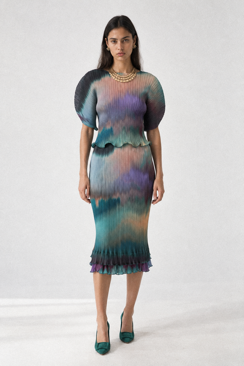 ARIA cropped pleated top in an abstract petrol and violet print - front view