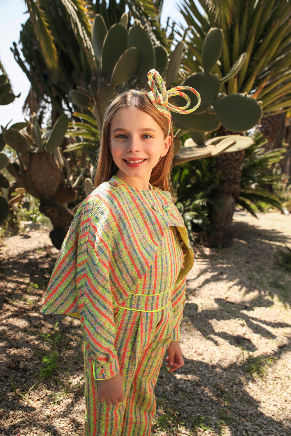 Green, yellow, fuchisa and neon tweed cotton blend open front jacket