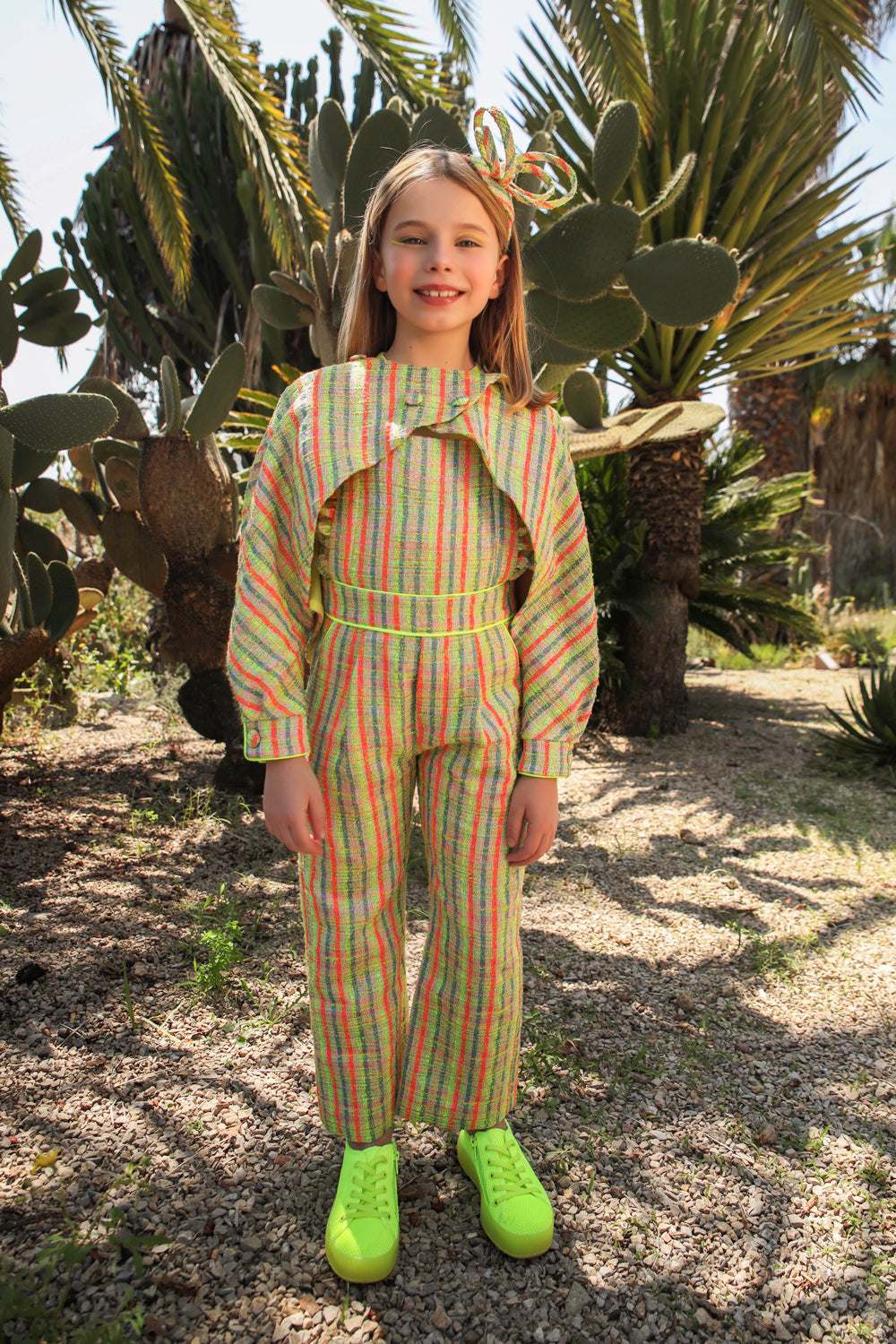 Green, yellow, fuchisa and neon tweed cotton blend open front jacket