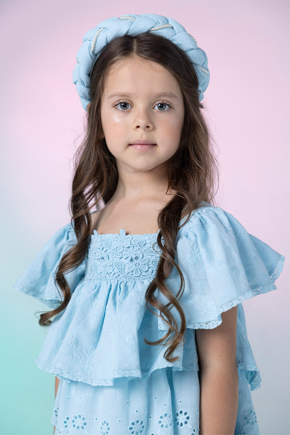 Light blue embroidered cotton/broderie anglaise layered dress