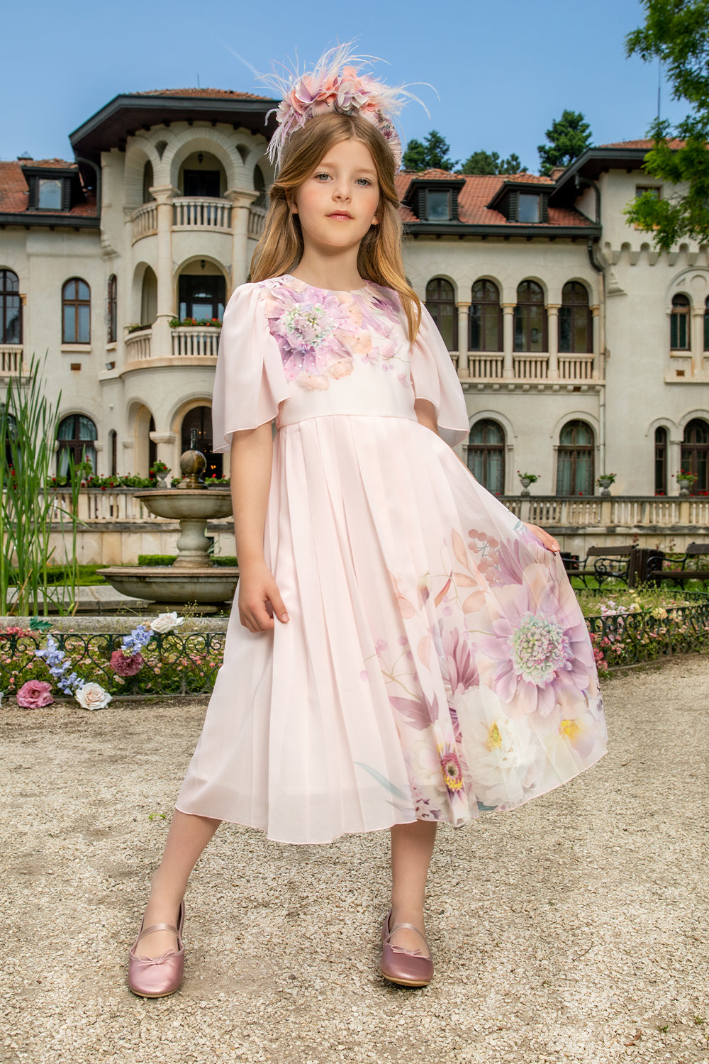 Light pink chiffon pleated dress with hand-embellished flowers Light pink chiffon pleated dress with hand-embellished flowers