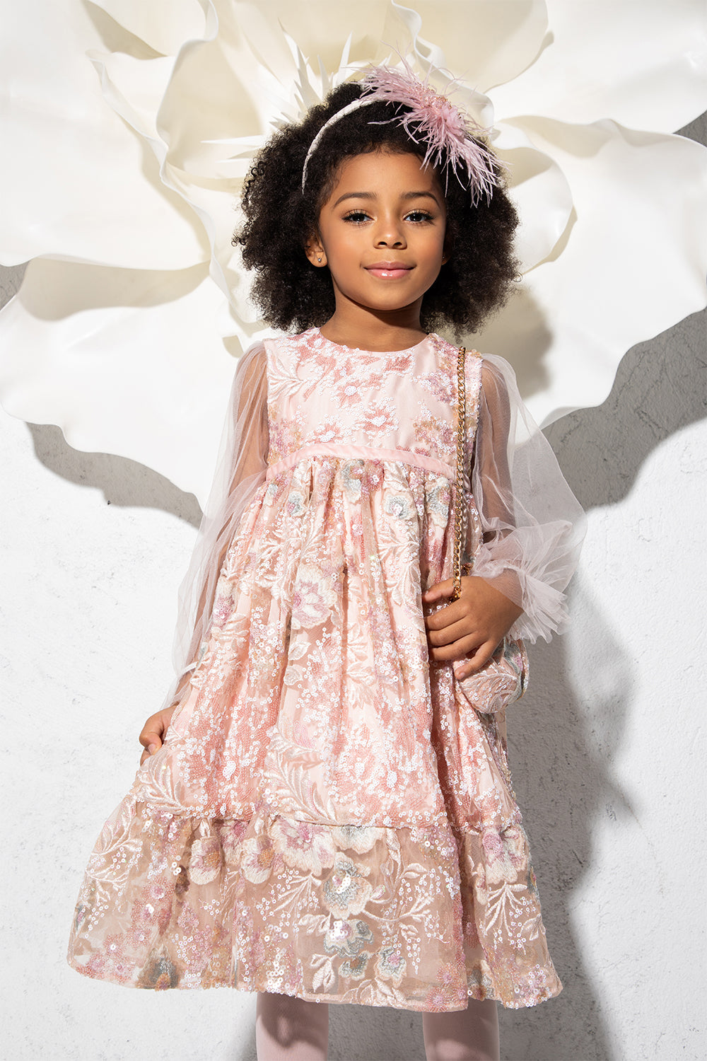 Light pink embroidered sequin floral lace and tulle dress with tulle sleeves