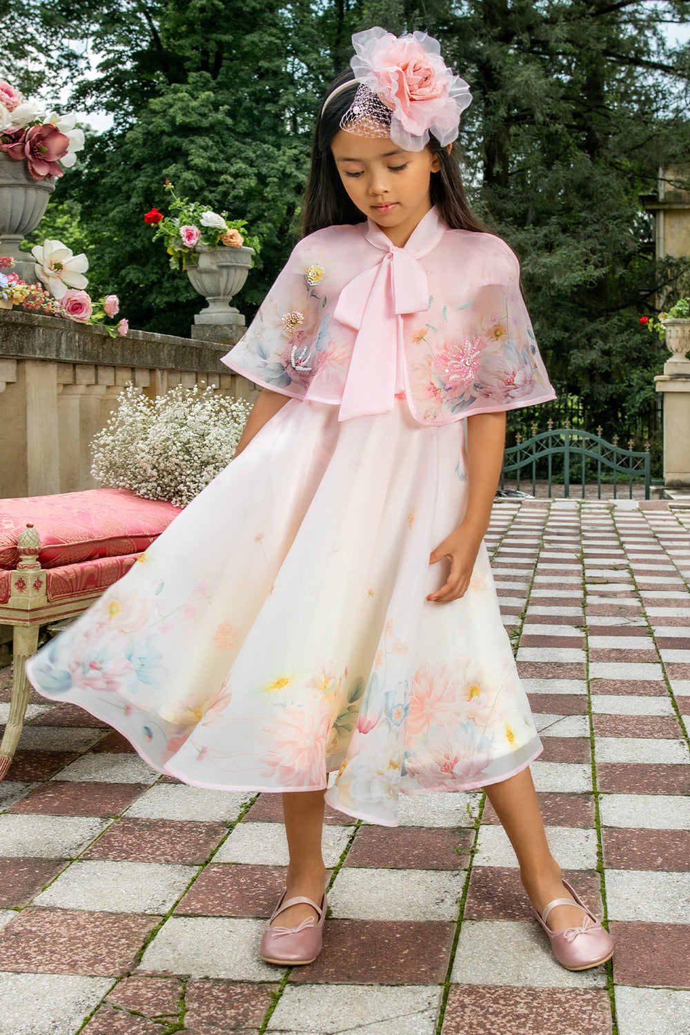 CAPE - light pink organza cape with floral print, sequin hand-embellishments and chiffon pussy bow