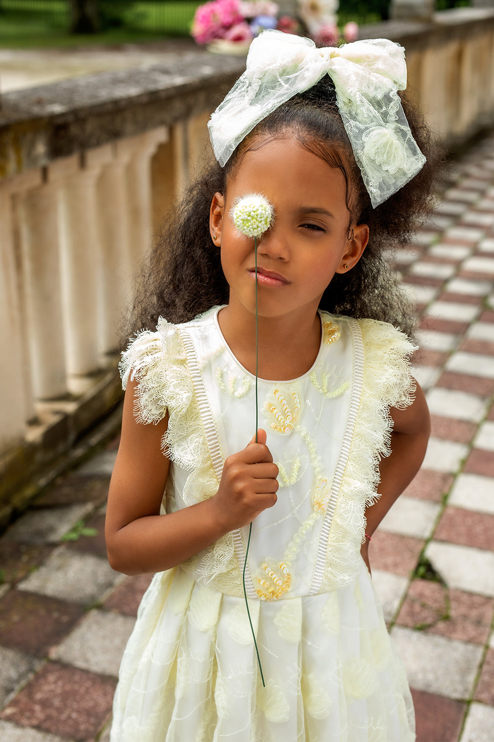 Light yellow floral lace dress with sequin hand-embellishments