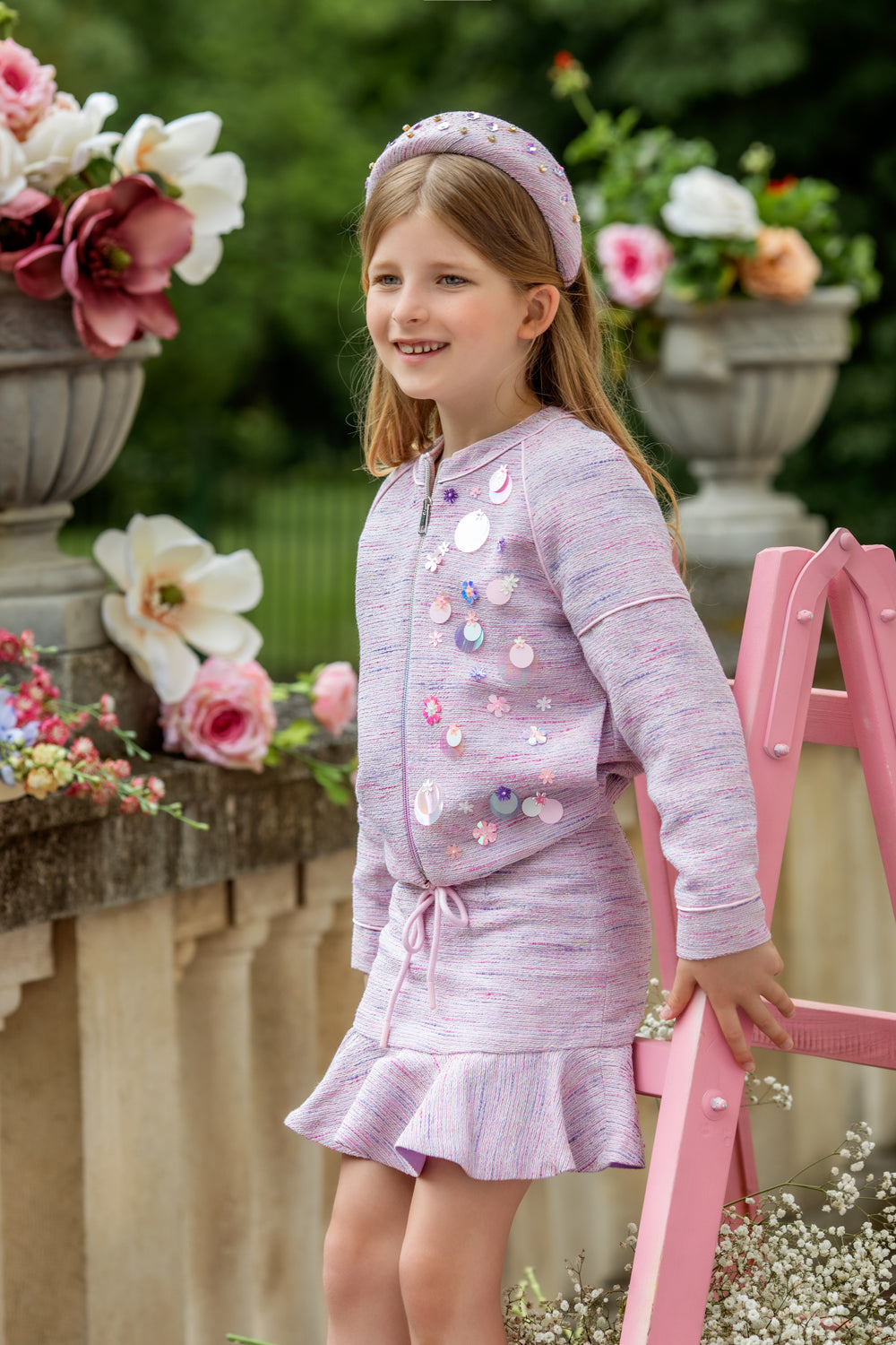 Lilac Coco summer tweed bomber jacket with sequin hand-embellishments