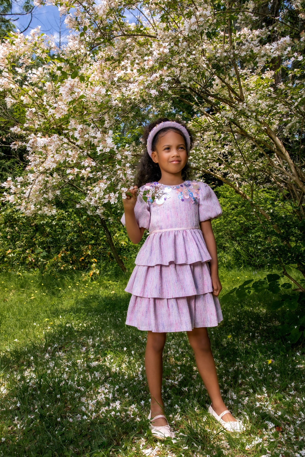 Lilac Coco summer tweed layered dress with sequin hand-embellishments 4-5 years