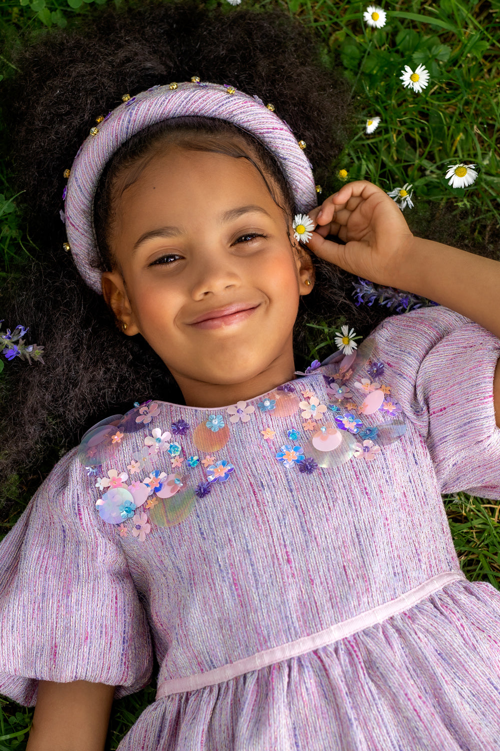 Lilac Coco summer tweed layered dress with sequin hand-embellishments