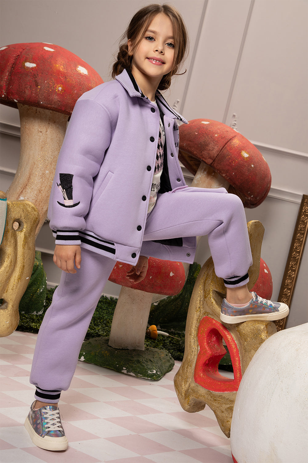 Lilac "Alice in wonderland" set of embroidered padded bomber jacket and trackpants