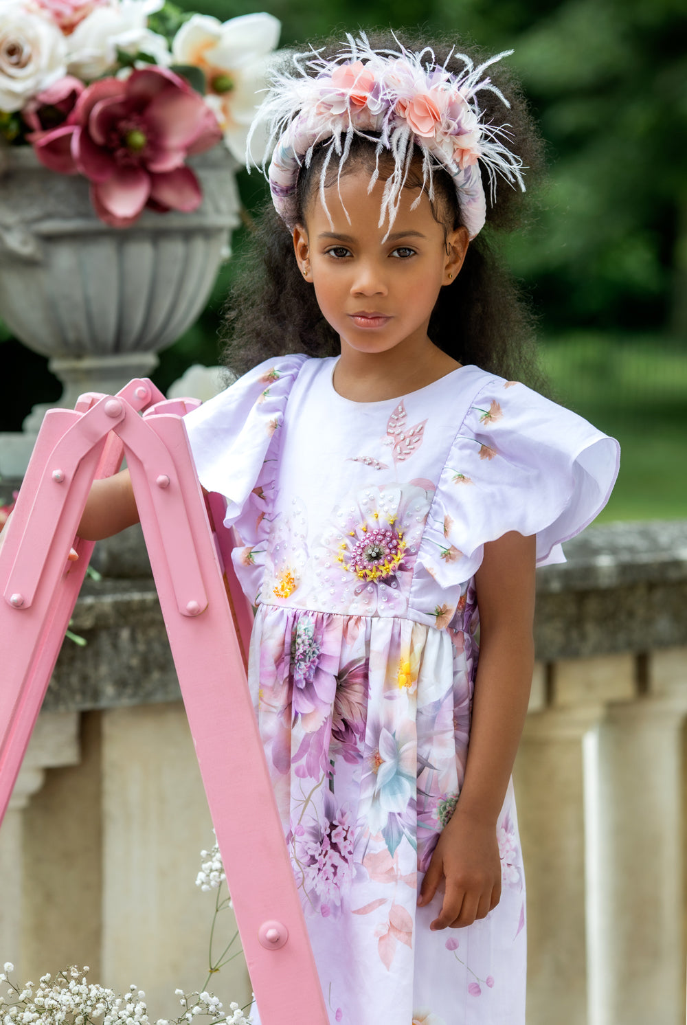 Lilac floral cotton dress with frilled sleeves and hand-embellished upper part