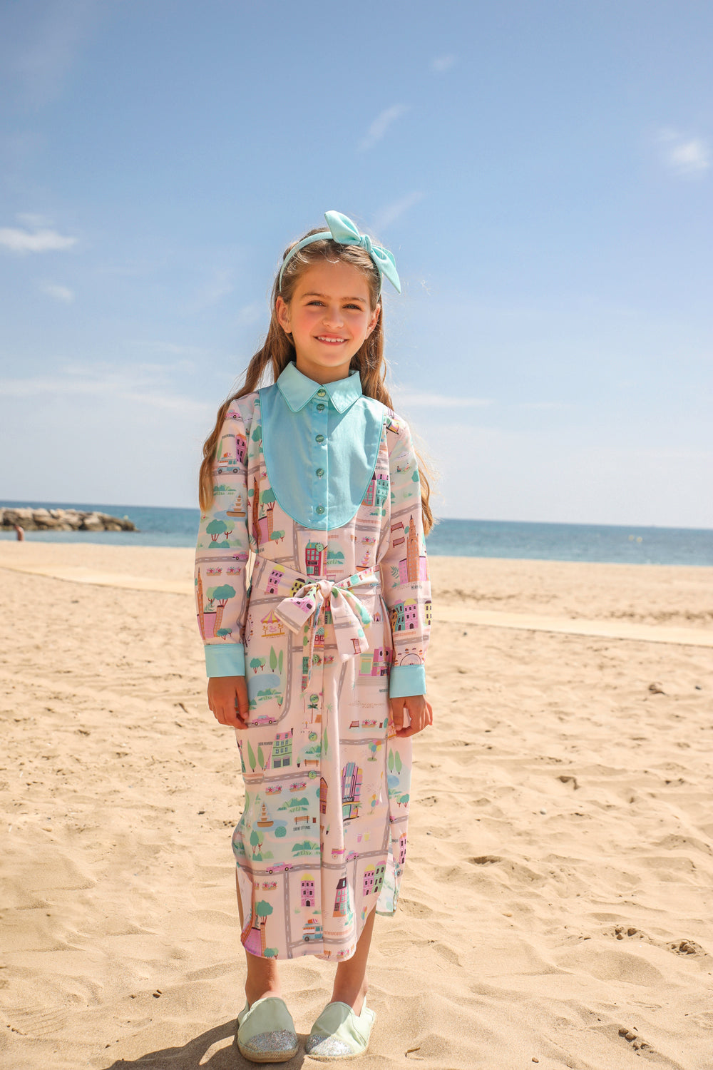 Miami downtown cotton printed long shirt-dress with mint details