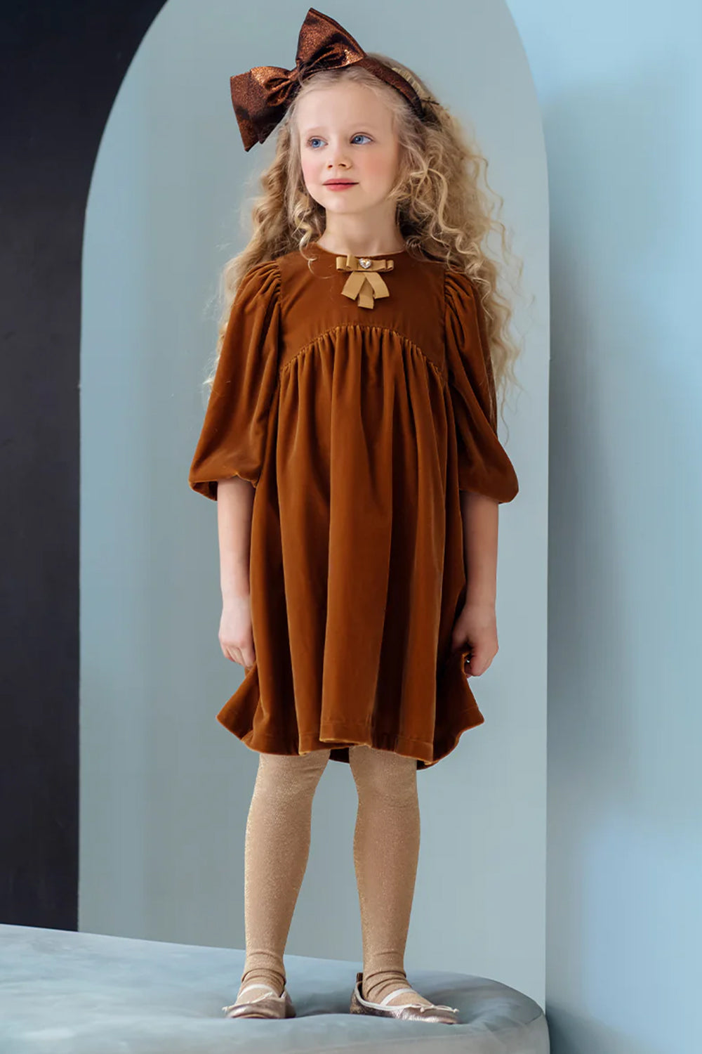 Mustard velvet dress with satin bow and crystal button Mustard velvet dress with satin bow and crystal button