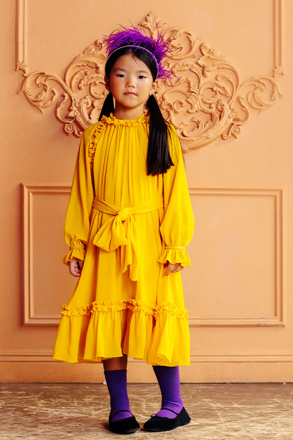 Mustard yellow shimmering long dress with frills and removable belt