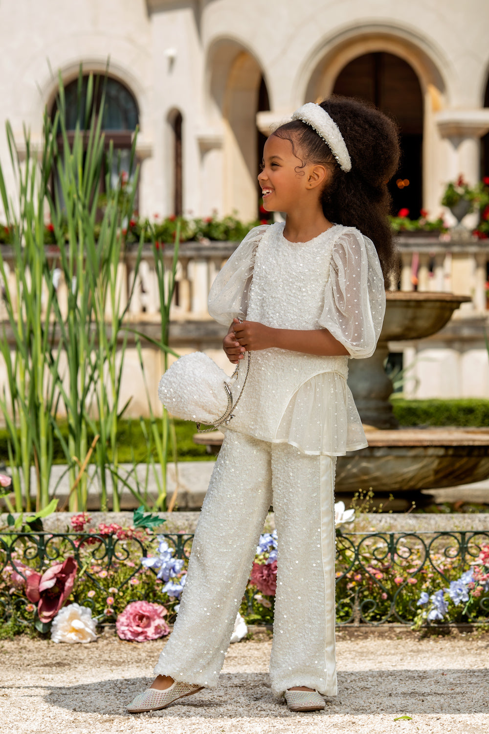 Off-White sequin top with cotton tulle sleeves and side panels