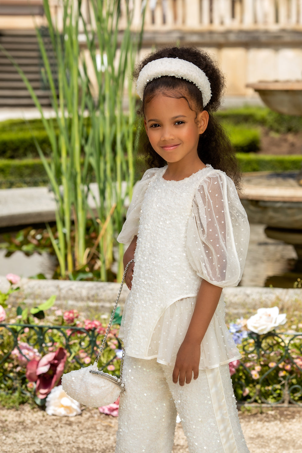 Off-White sequin top with cotton tulle sleeves and side panels