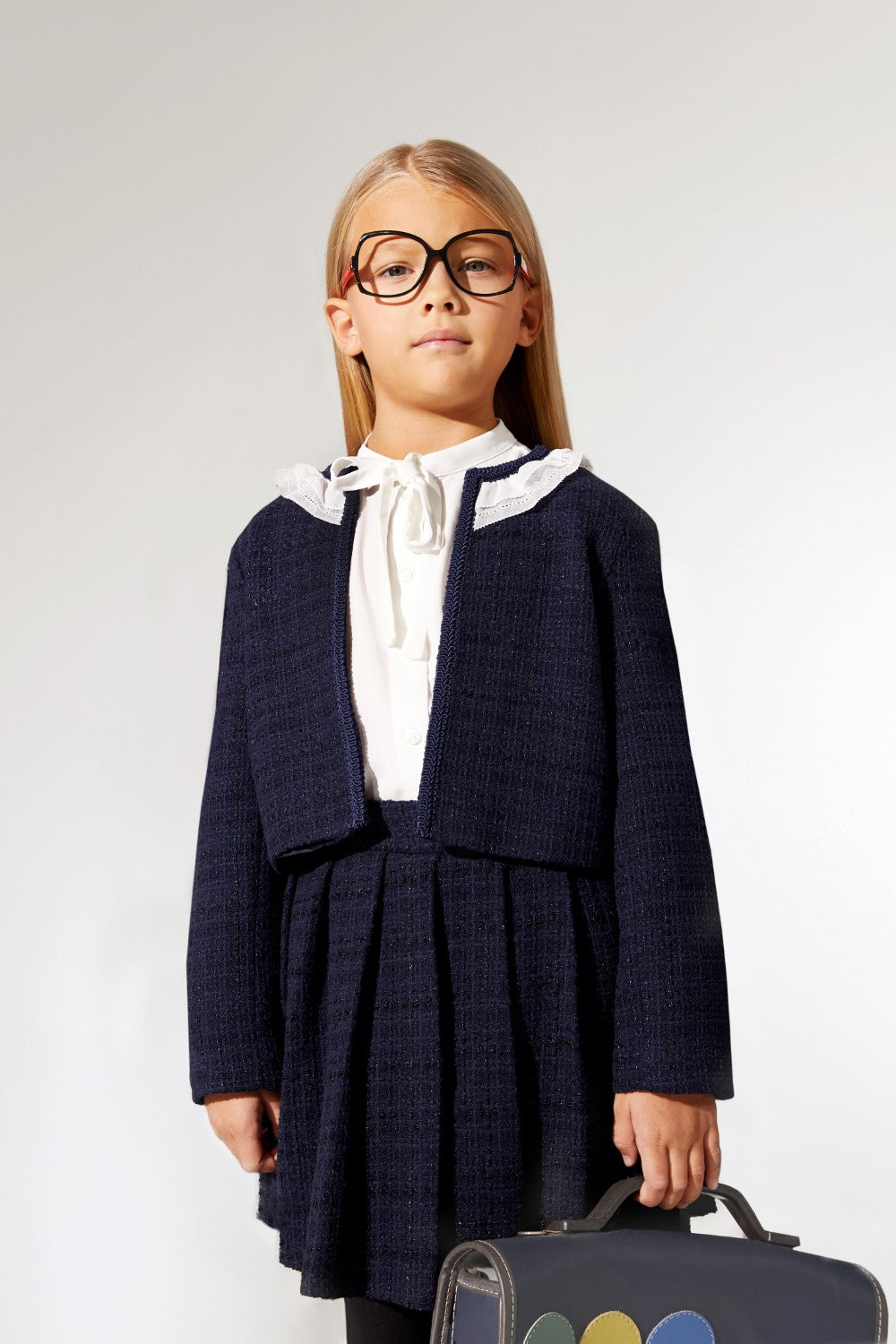 Blue tweed blazer with chiffon collar