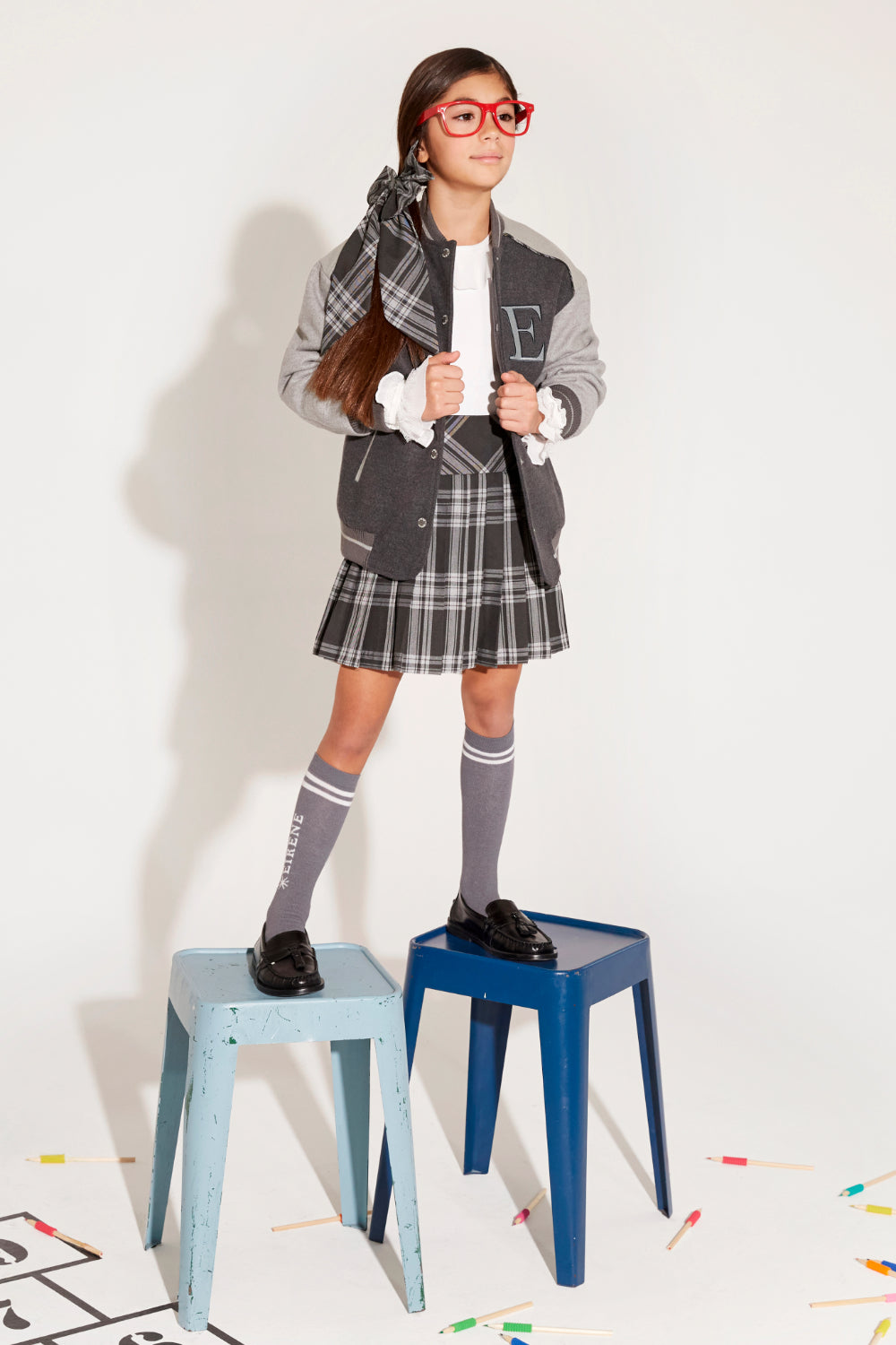 Two shades of gray bomber jacket with plaid detail