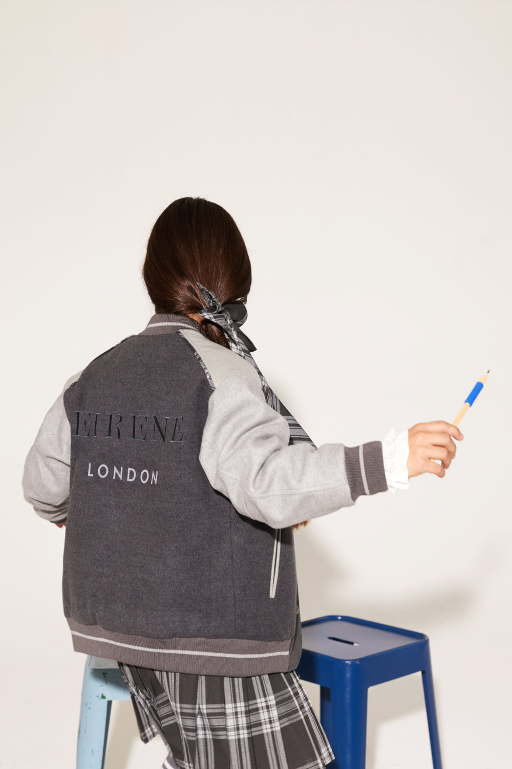 Two shades of gray bomber jacket with plaid detail