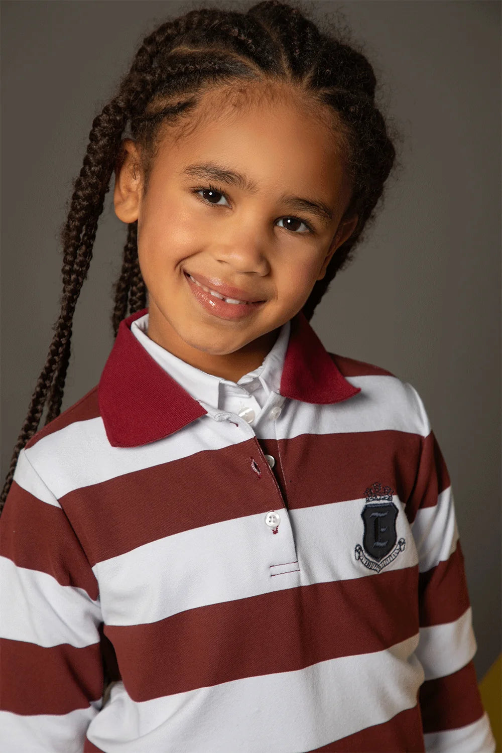 Burgundy and white striped polo shirt with long sleeves