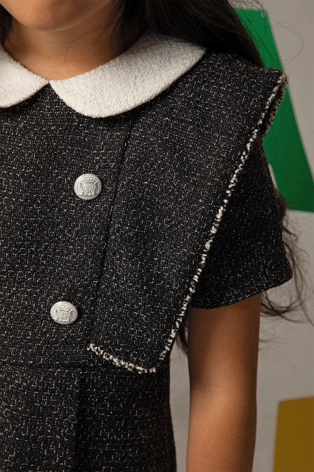 Black and white marled tweed dress with short sleeves