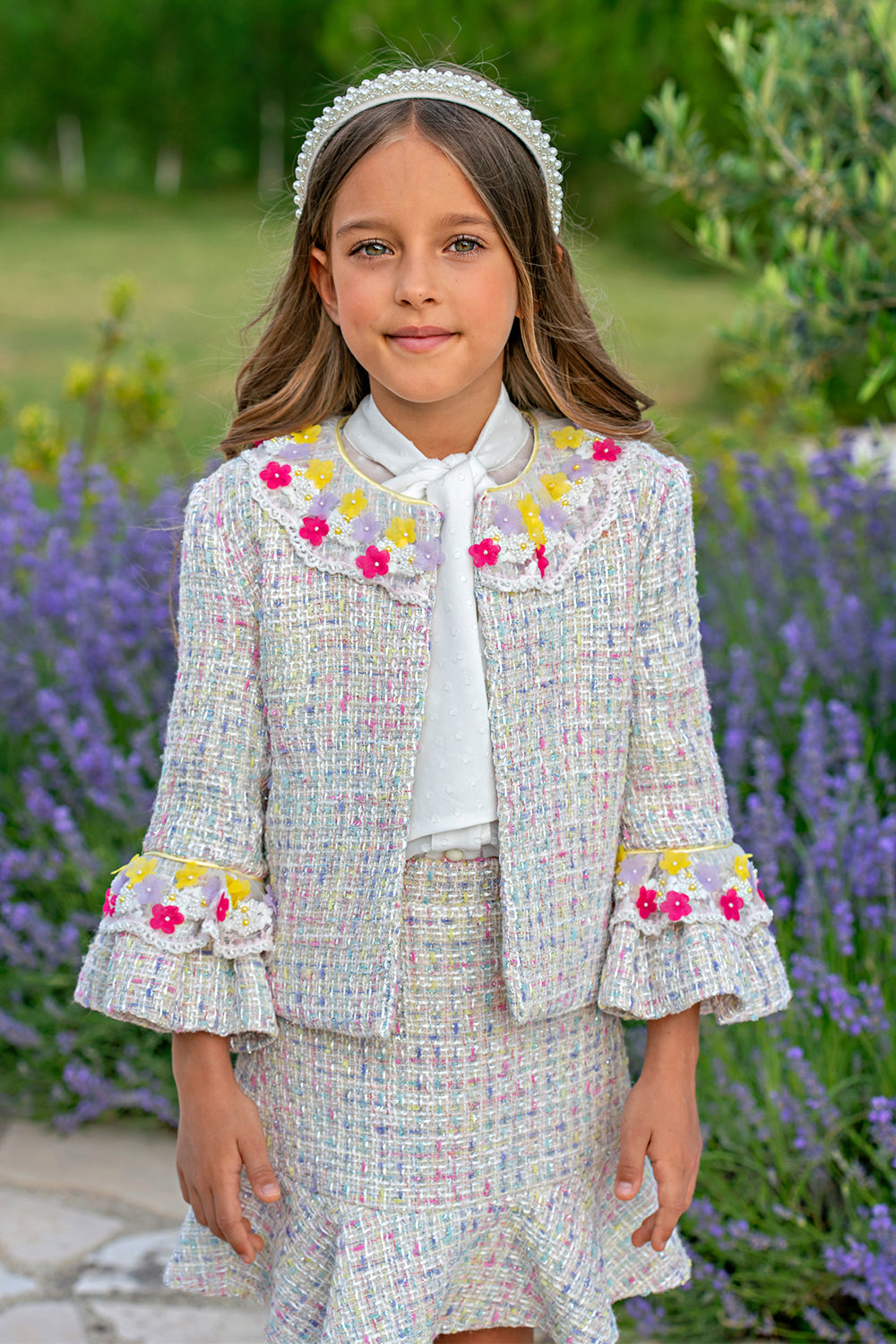 Pastel colors metal threads tweed set with hand-embellished flowers and beads