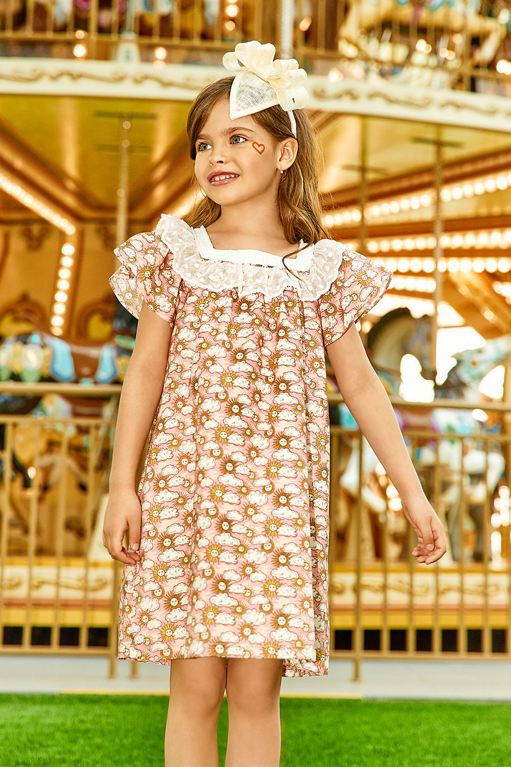 Pink and White Sun and Clouds cotton Liberty print dress with White tulle collar