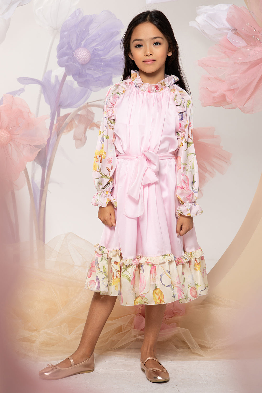 Pink chiffon dress with belt with floral sleeves and frill