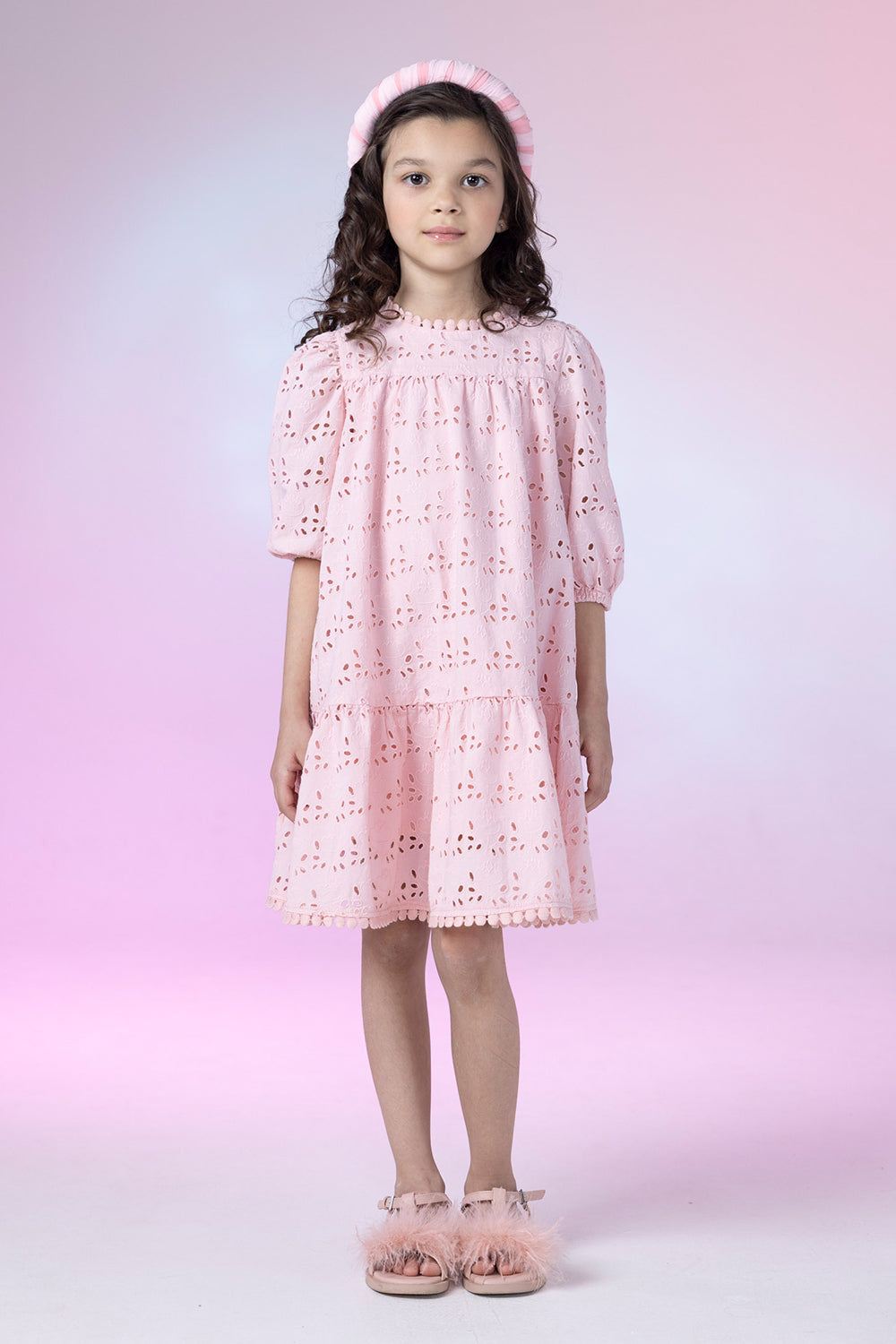 Pink embroidered cotton/broderie anglaise flare dress